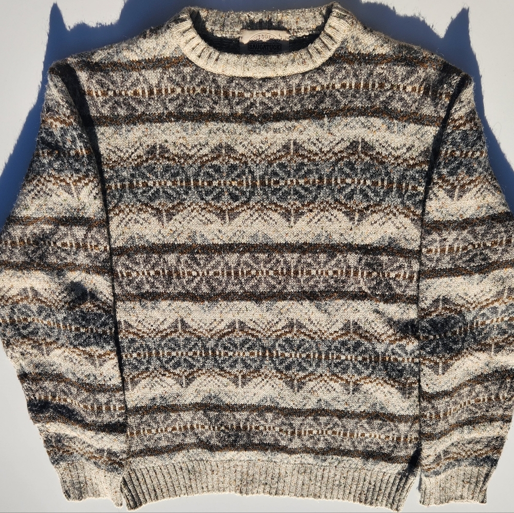 90s Preppy Saugatuck Dry Goods Co. Tan/Brown Patterned Sweater- Mens Size Large